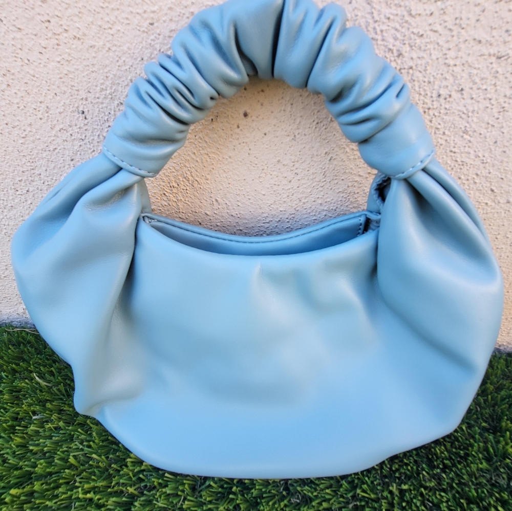 The Drop Addison Soft Faux Leather Ruched Top Handle Bag. Dusty Blue - Picture 4 of 16